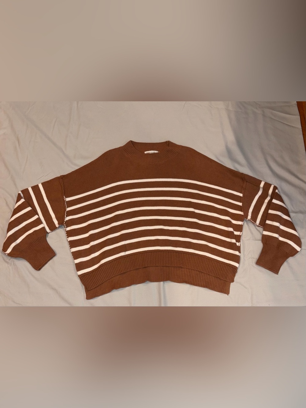 Zenana Outfitters Brown and White Striped Cropped Crewneck Sweater